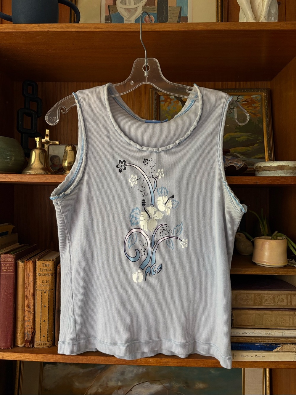Y2K Fairy Grunge Hibiscus Floral Blue Ribbed Trim Tank Top L Hang Ten